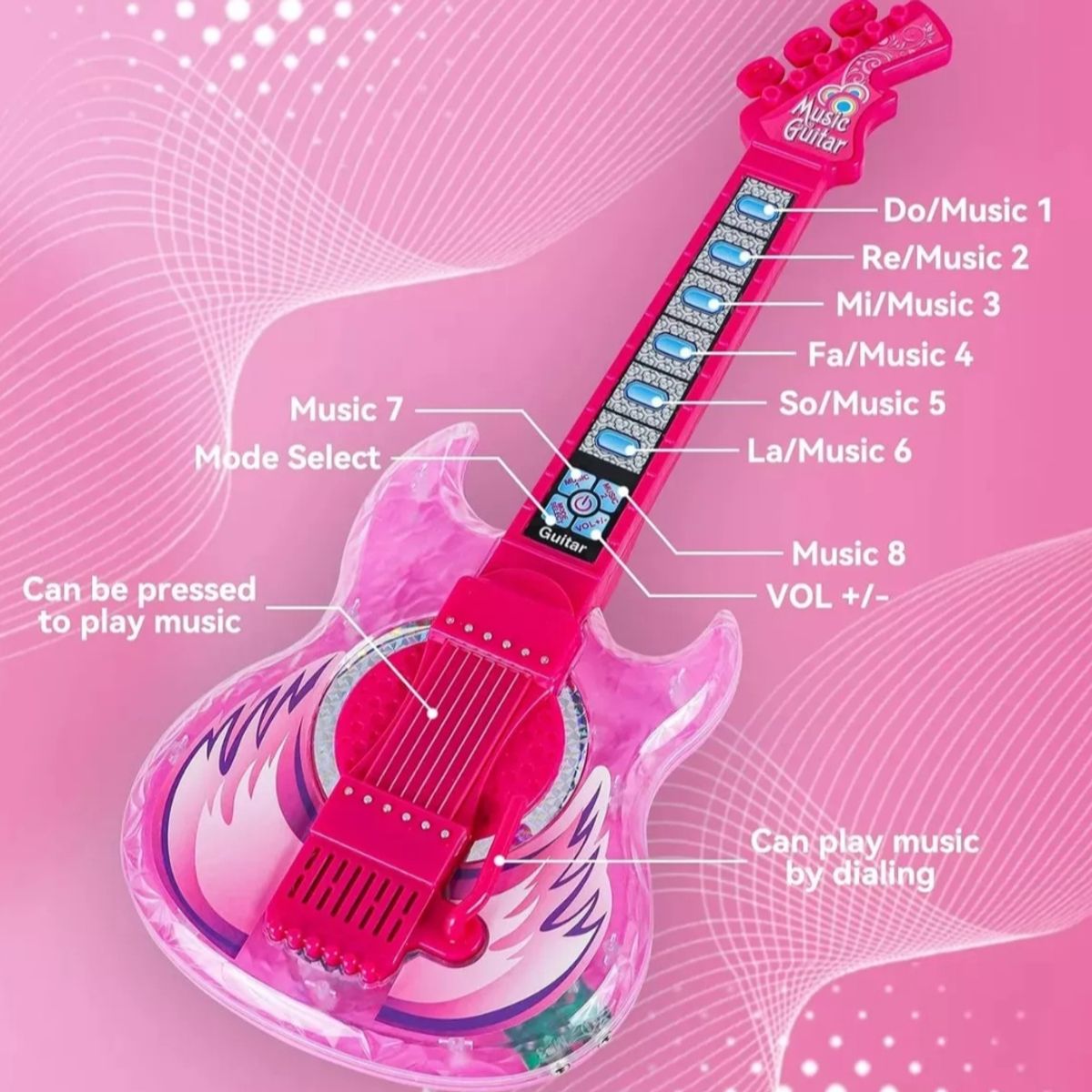 GENERICO - Set Guitarra Microfono Pedestal Juguete Mp3 Luces Rosada