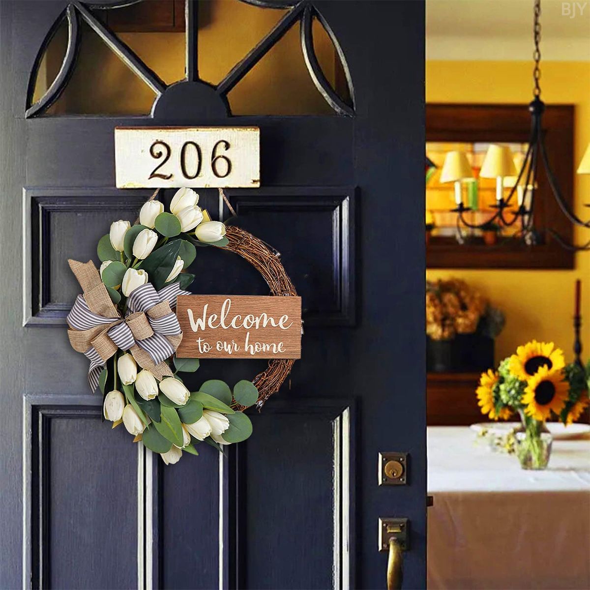 GANGLIAN - Corona Tulipanes Blancos 40x38cm Estilo Americano - Decoración para Puerta Jardín y Día de la Madre