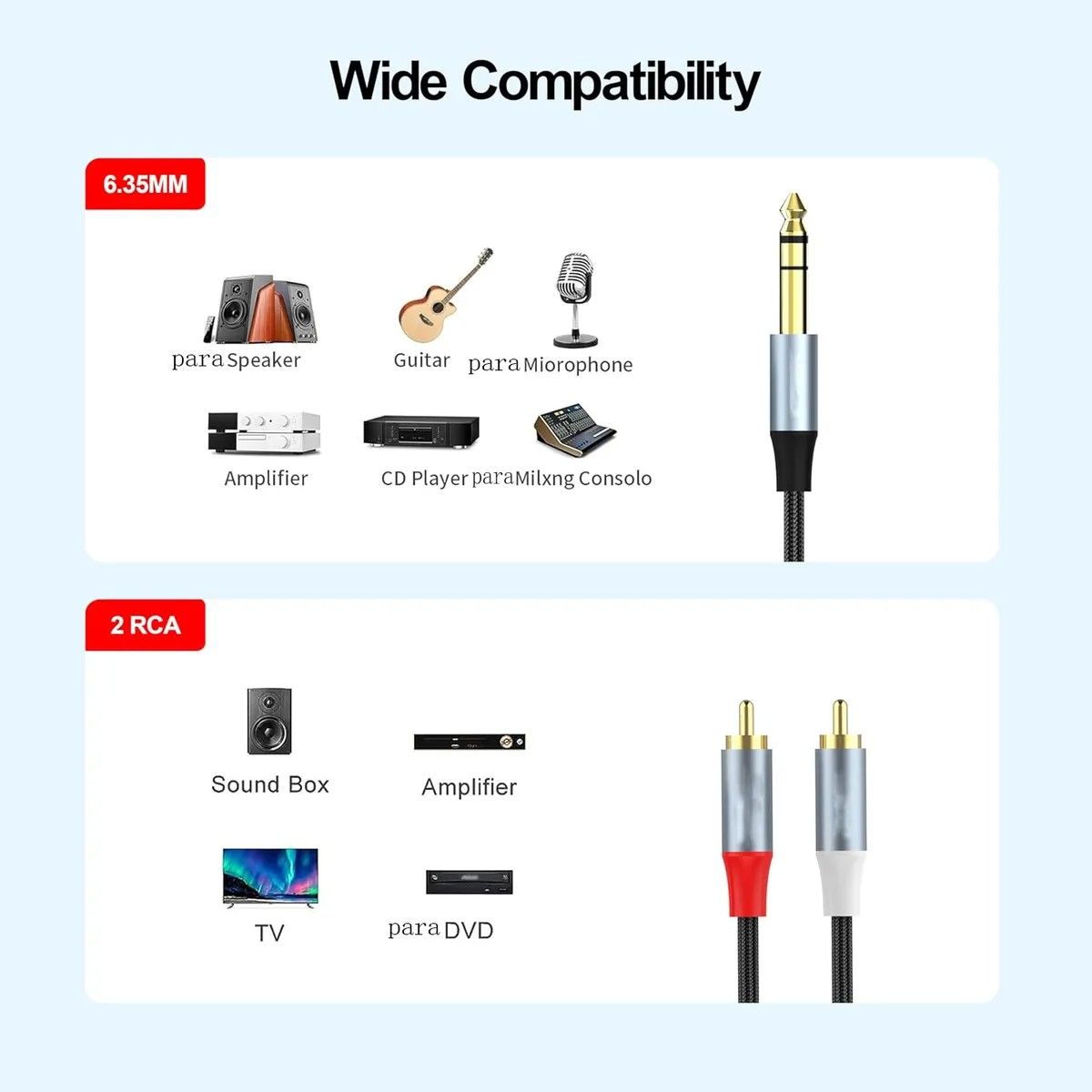 KUANGYE - Cable Audio En Y Plug Trs A 2 Rca Estéreo 3 Metros