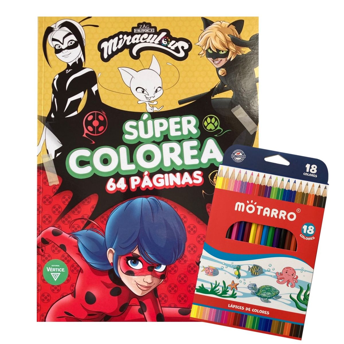 VERTICE - Libro para colorear - Súper Colorea 64 páginas - Miraculous + 18 lápices de colores