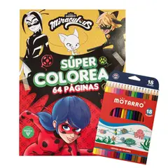 VERTICE - Libro para colorear - Súper Colorea 64 páginas - Miraculous + 18 lápices de colores