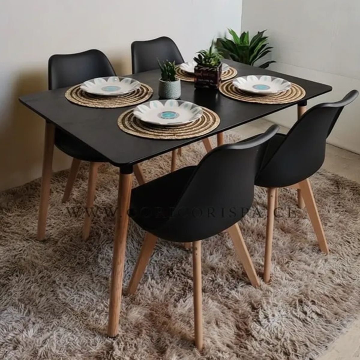 CORI CORI - Juego de Comedor Mesa Rectangular Melamina Negro 130x80cm + 4 Sillas Tulip