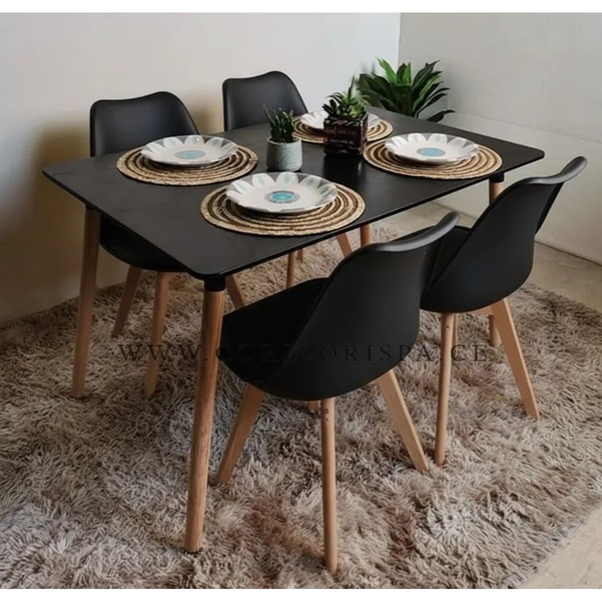 CORI CORI - Juego de Comedor Mesa Rectangular Melamina Negro 130x80cm + 4 Sillas Tulip