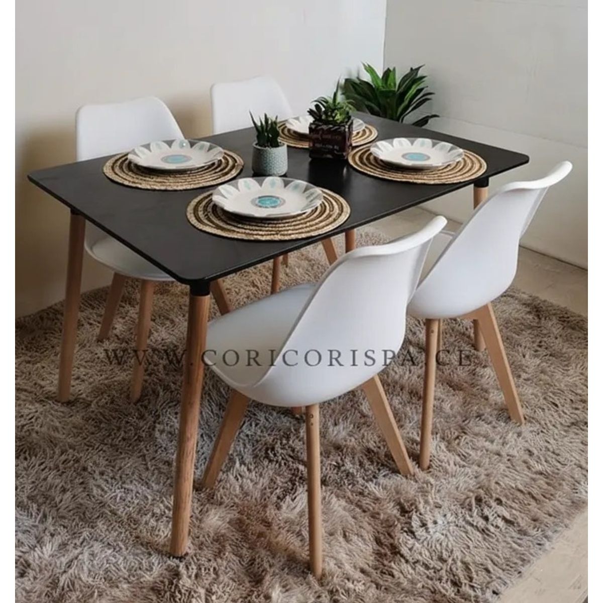 CORI CORI - Juego de Comedor Mesa Rectangular Melamina Negro 130x80cm + 4 Sillas Tulip