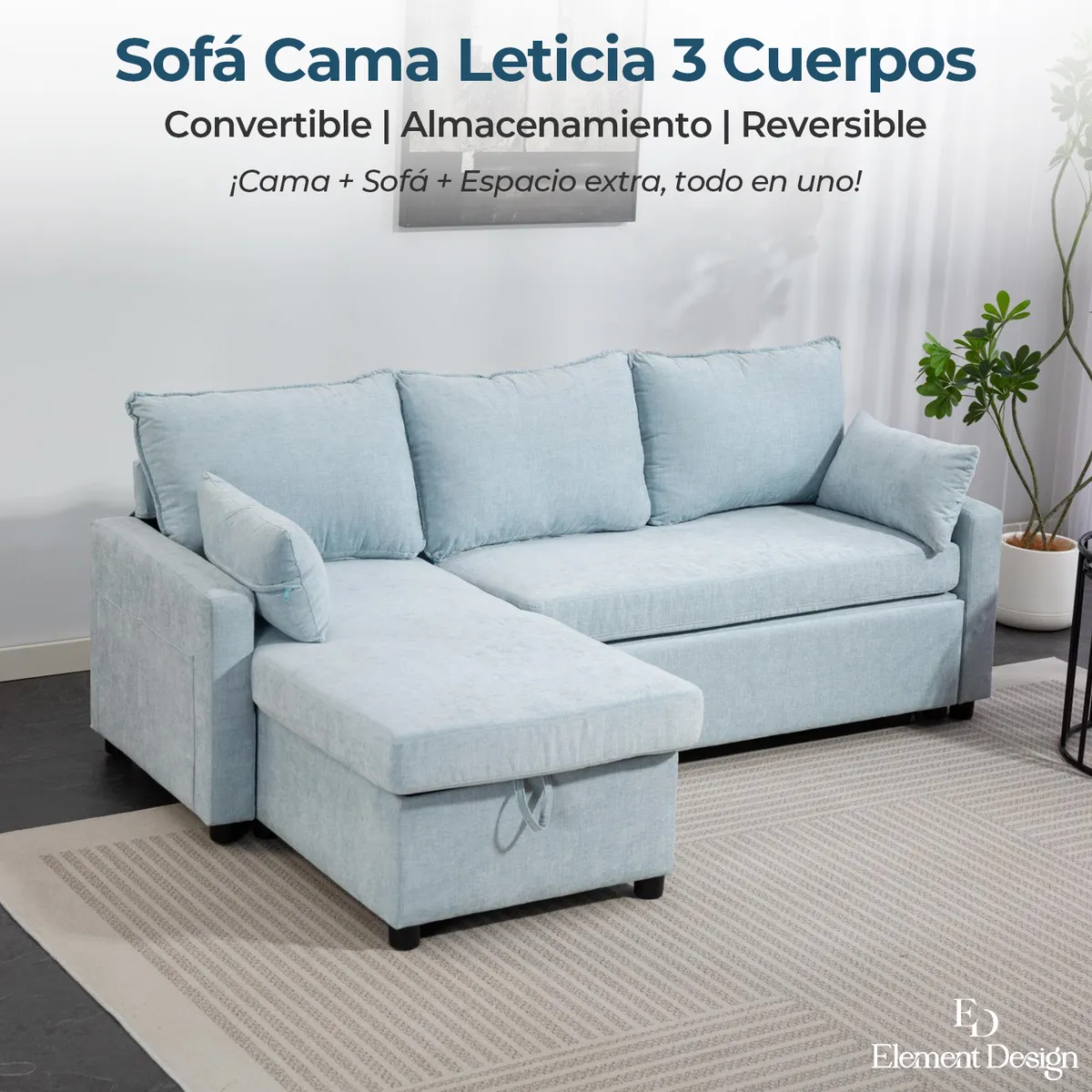 ELEMENT DESIGN - Sofá Seccionals Leticia Cama con Almacenamiento Oculto