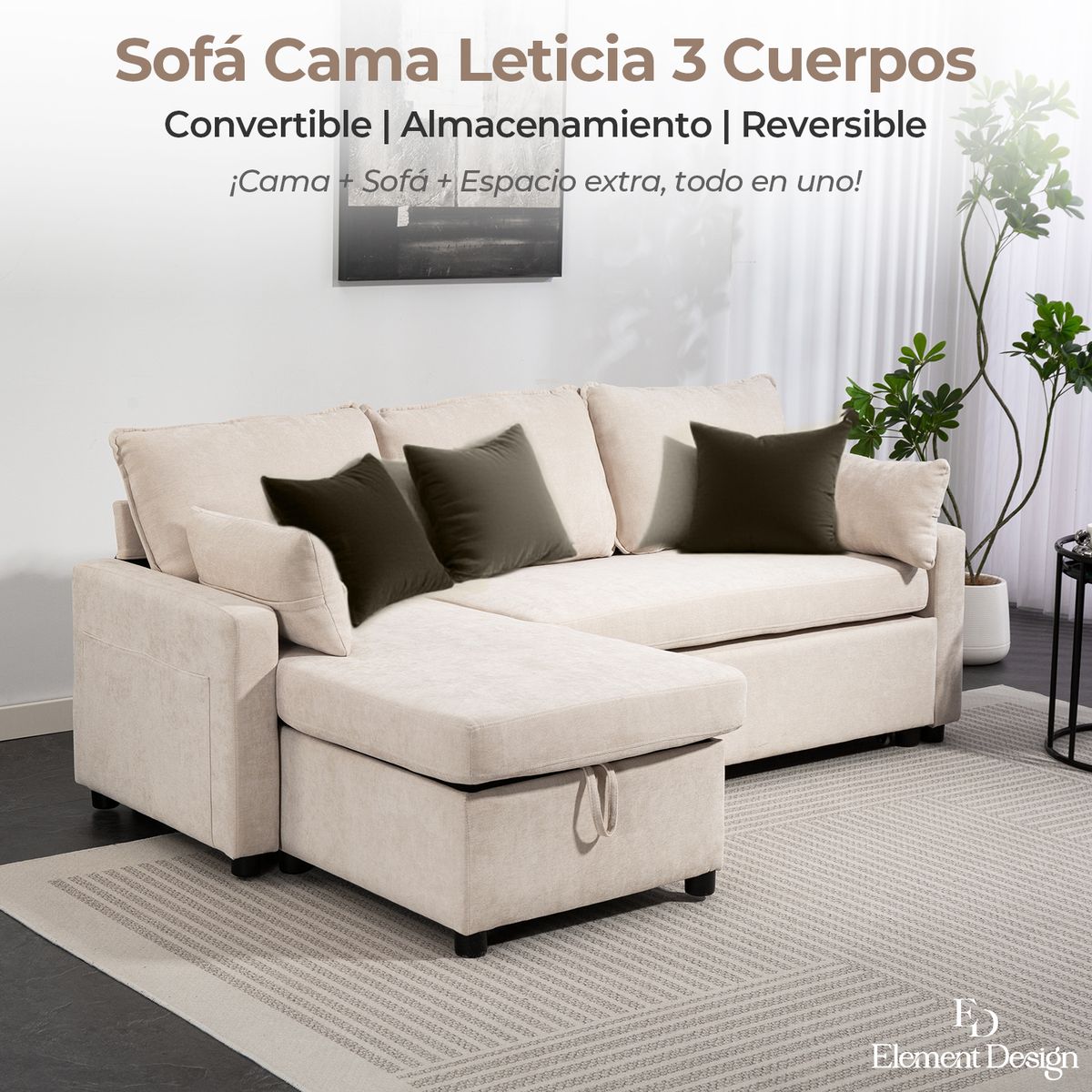 ELEMENT DESIGN - Sofá Seccionals Leticia Cama con Almacenamiento Oculto