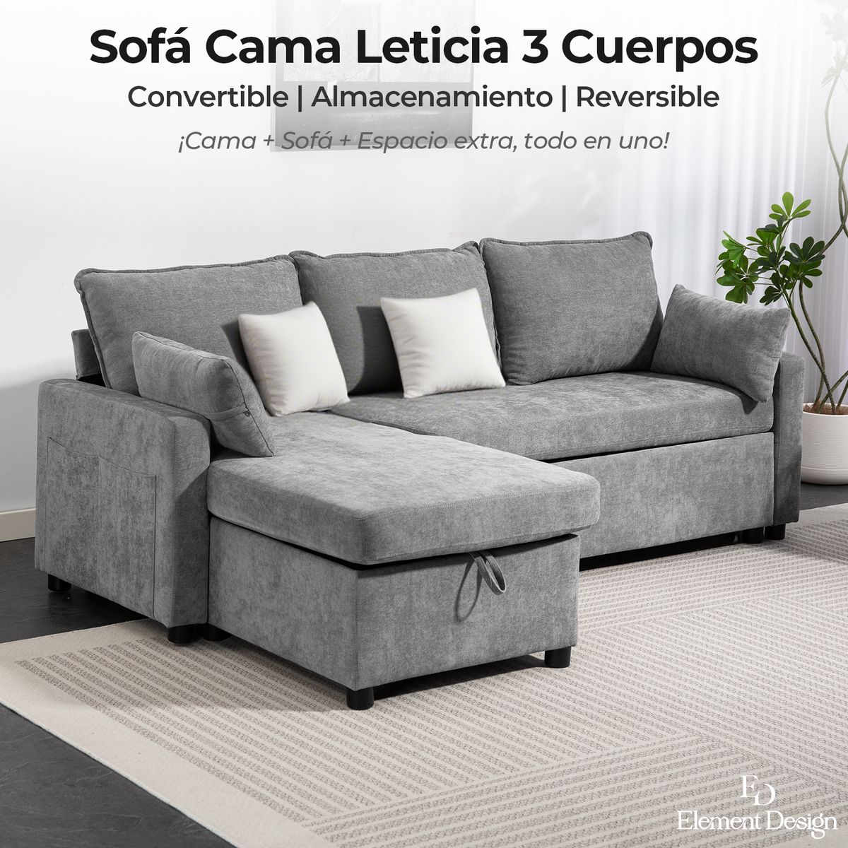 ELEMENT DESIGN - Sofá Seccionals Leticia Cama con Almacenamiento Oculto