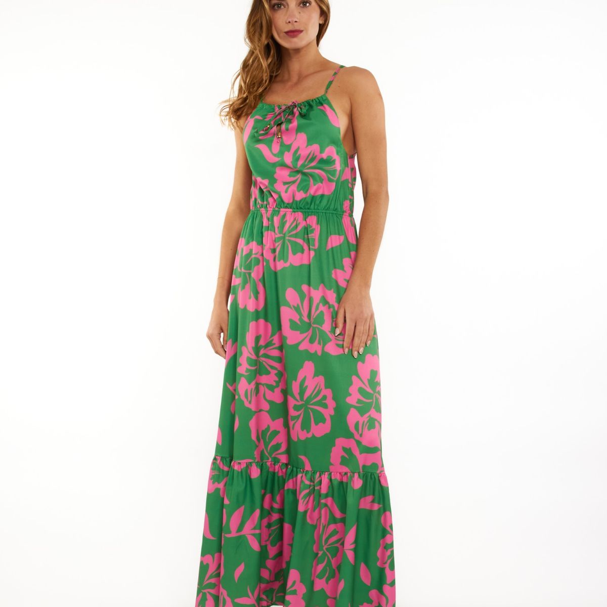 GUINDA - Vestido largo con cuello halter Ona Guinda