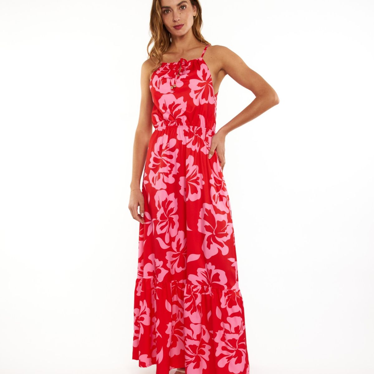 GUINDA - Vestido largo con cuello halter Ona Guinda