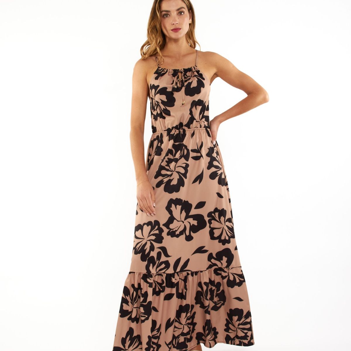 GUINDA - Vestido largo con cuello halter Ona Guinda