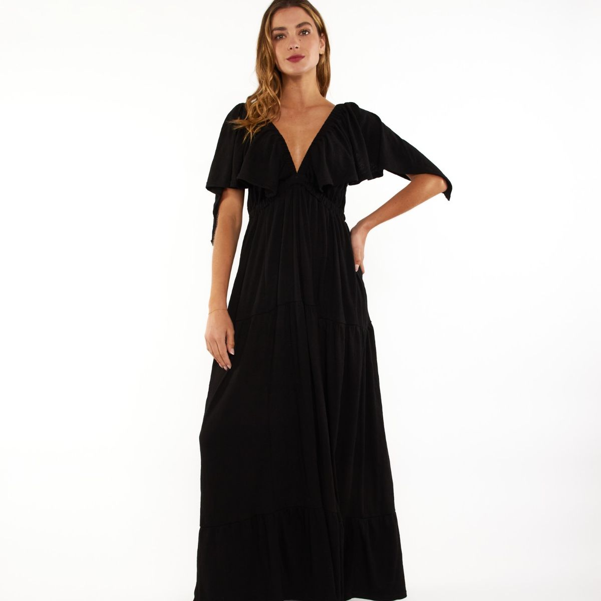 GUINDA - Vestido cuello en V manga corta Veya Guinda