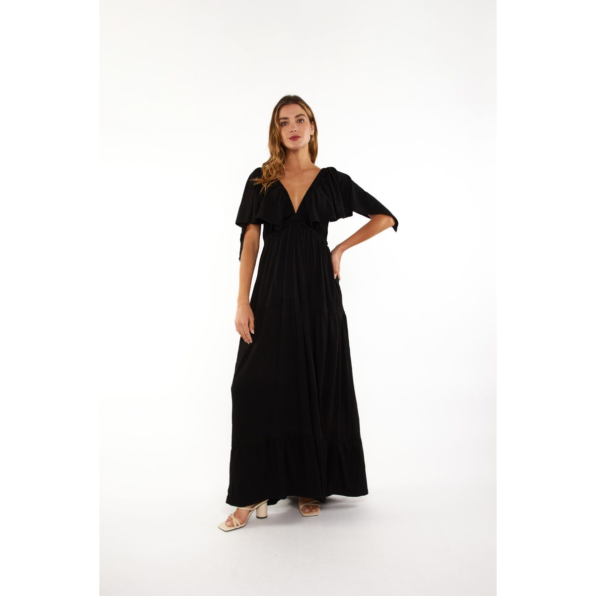 GUINDA - Vestido cuello en V manga corta Veya Guinda