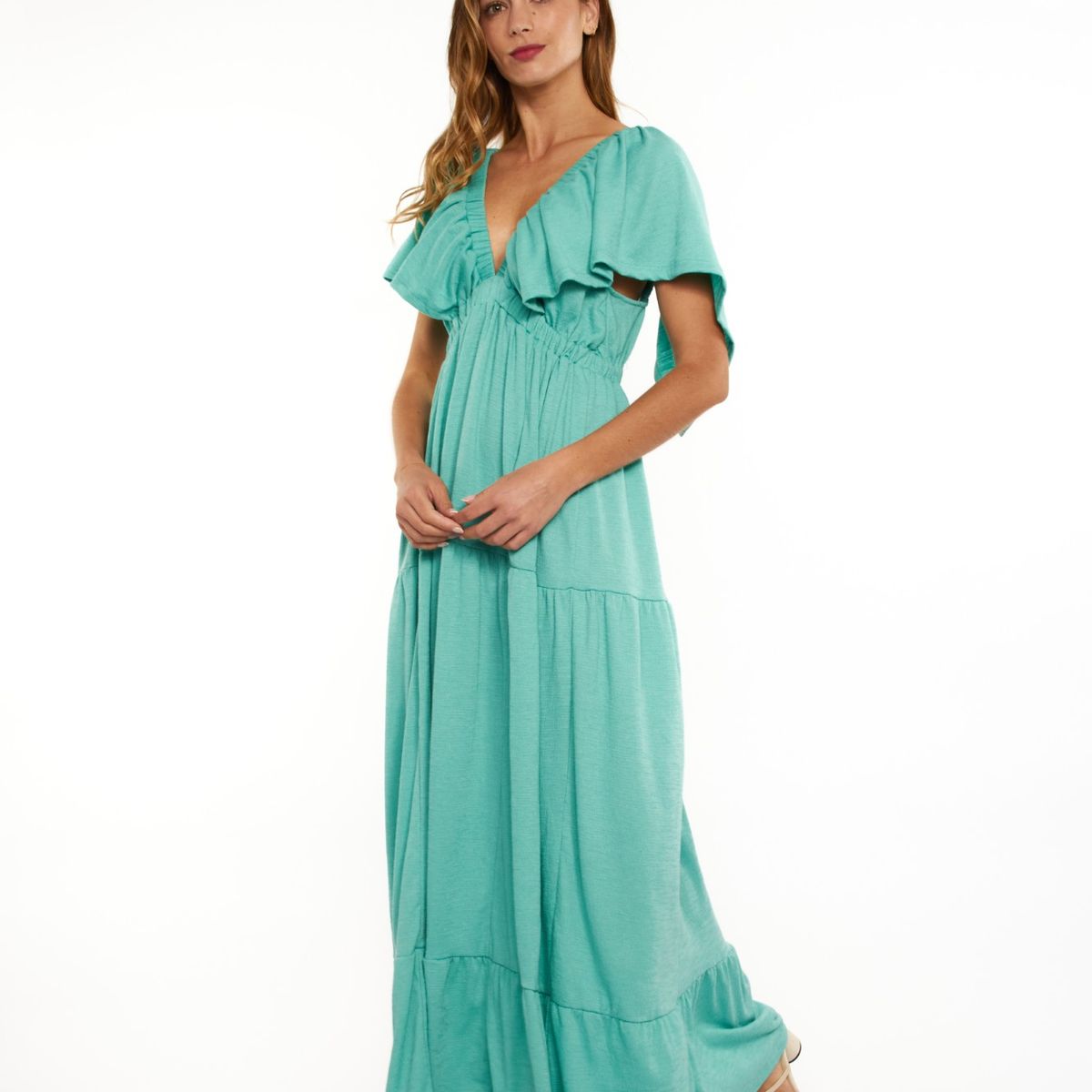 GUINDA - Vestido cuello en V manga corta Veya Guinda