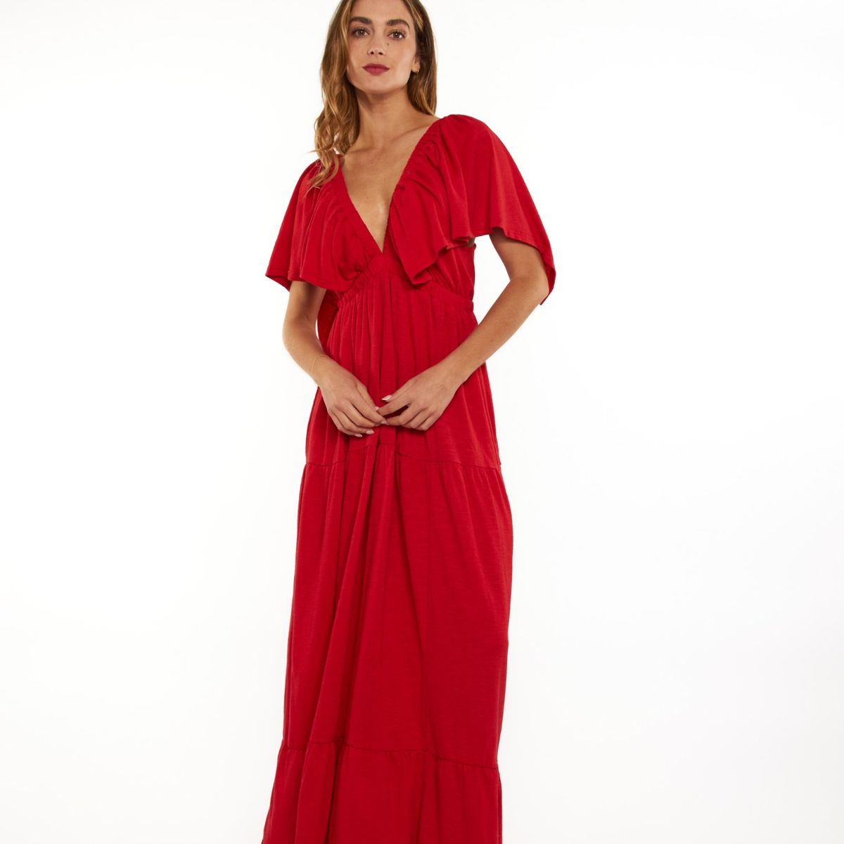 GUINDA - Vestido cuello en V manga corta Veya Guinda