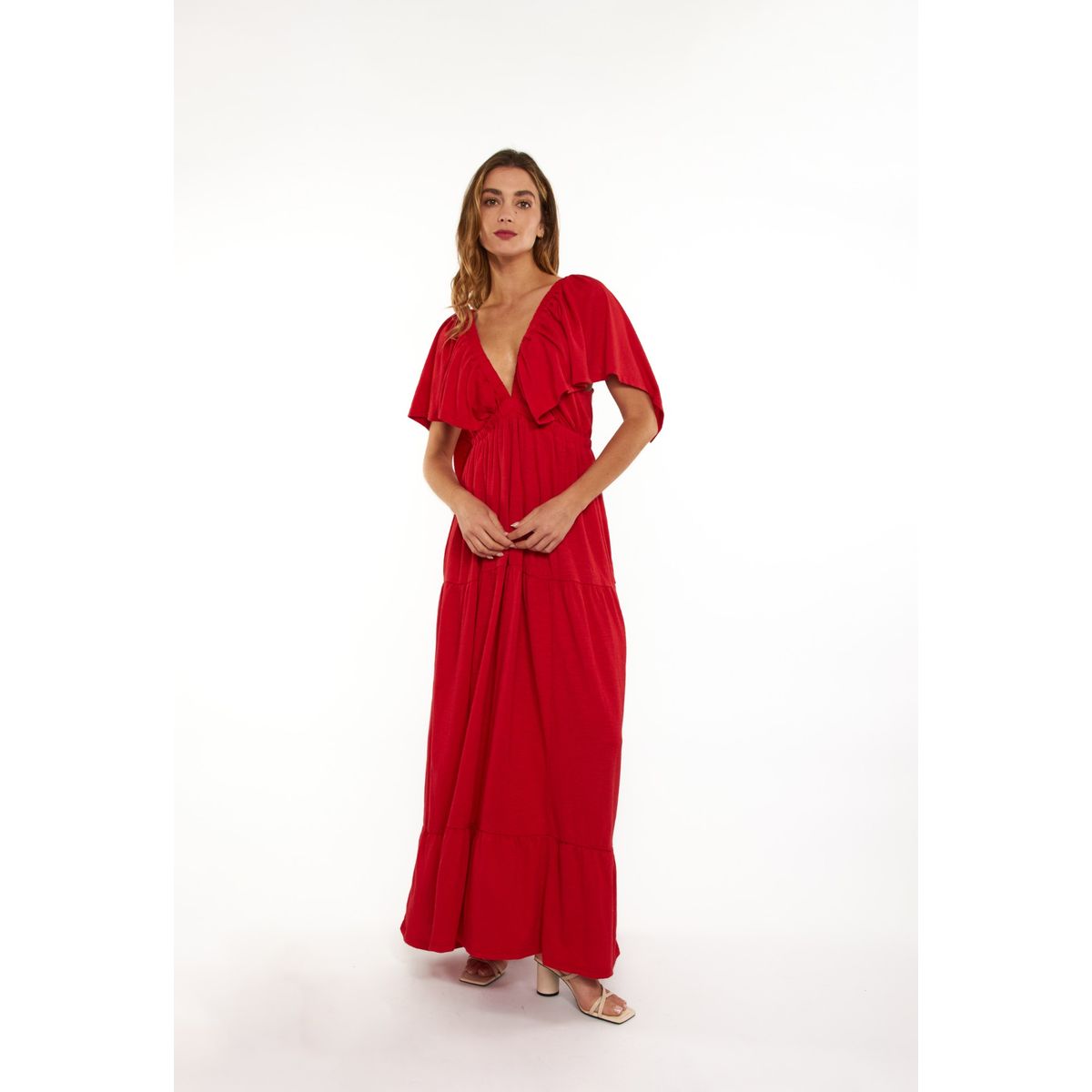 GUINDA - Vestido cuello en V manga corta Veya Guinda