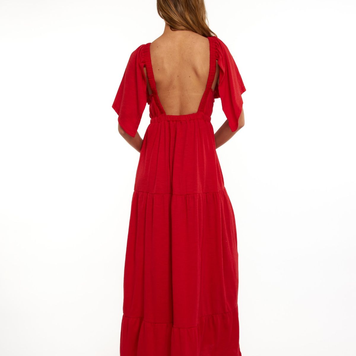 GUINDA - Vestido cuello en V manga corta Veya Guinda