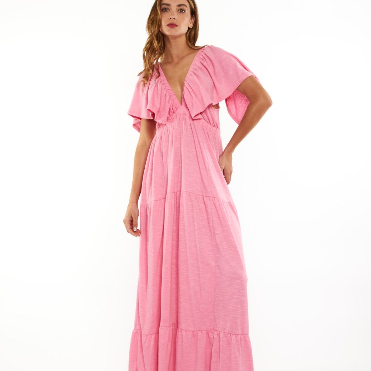 GUINDA - Vestido cuello en V manga corta Veya Guinda