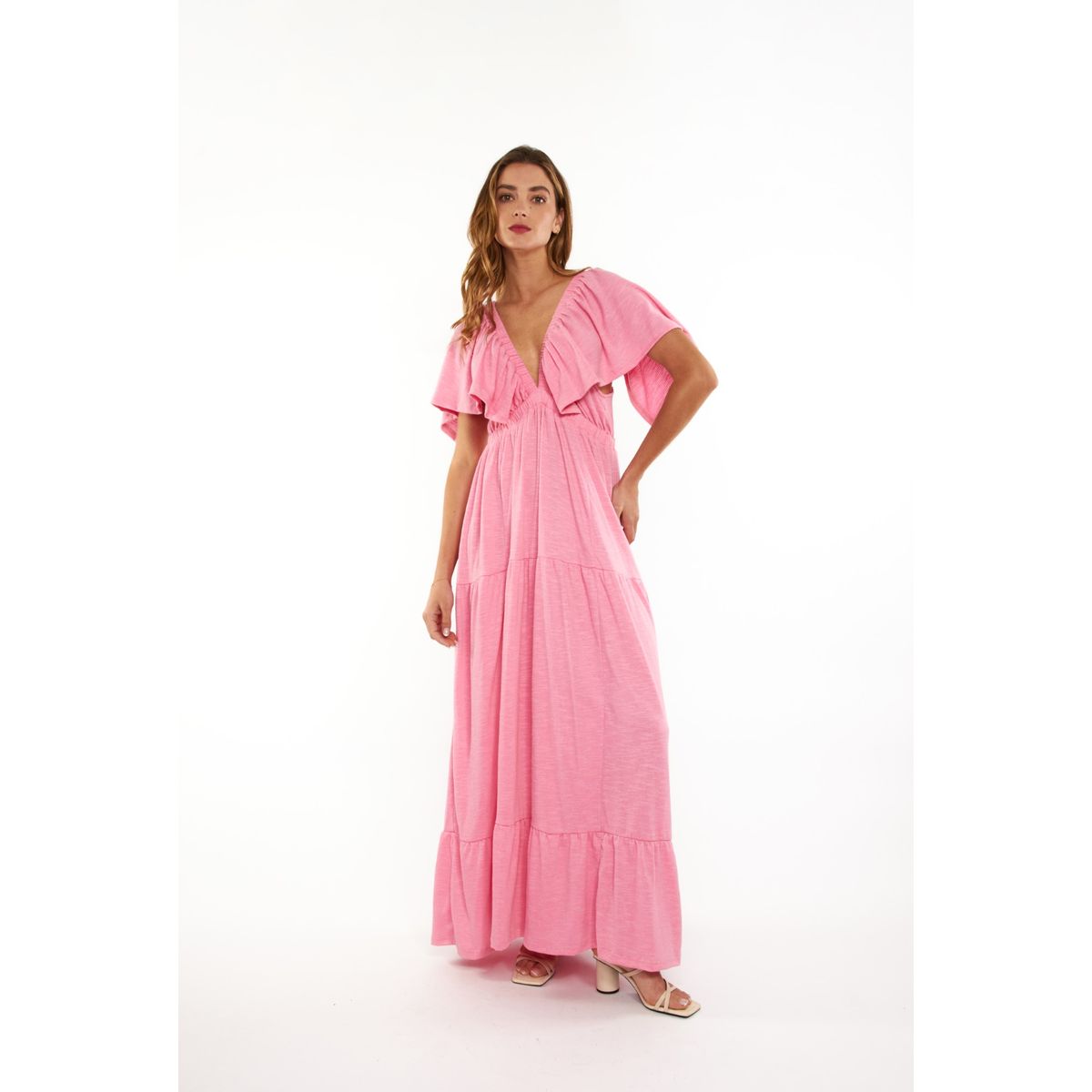 GUINDA - Vestido cuello en V manga corta Veya Guinda