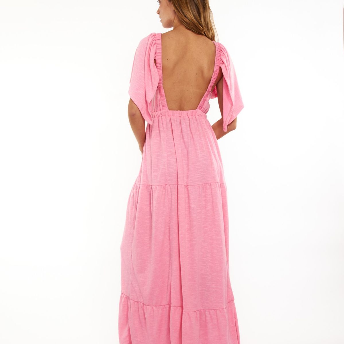 GUINDA - Vestido cuello en V manga corta Veya Guinda