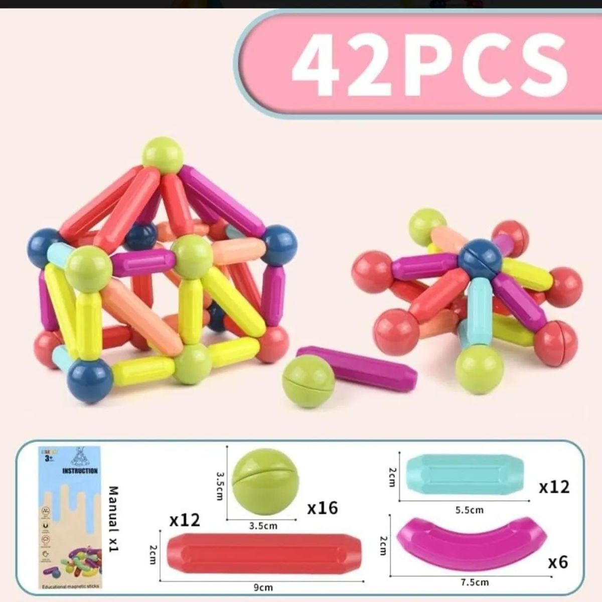 GENERICO - PALITOS MAGNETICOS PARA ARMAR COLORIDOS 42 PIEZAS