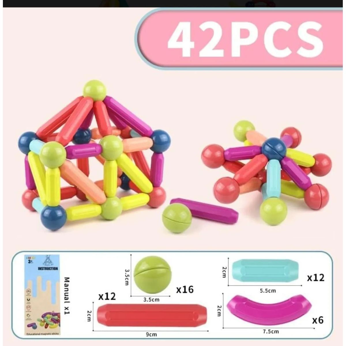 GENERICO - PALITOS MAGNETICOS PARA ARMAR COLORIDOS 42 PIEZAS