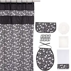 GENTILE - Cortina de baño 7 Piezas Negro Circulos Grises