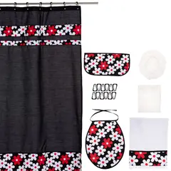 GENTILE - Cortina de Baño 7 Piezas Negro Flores Blancas y Rojas