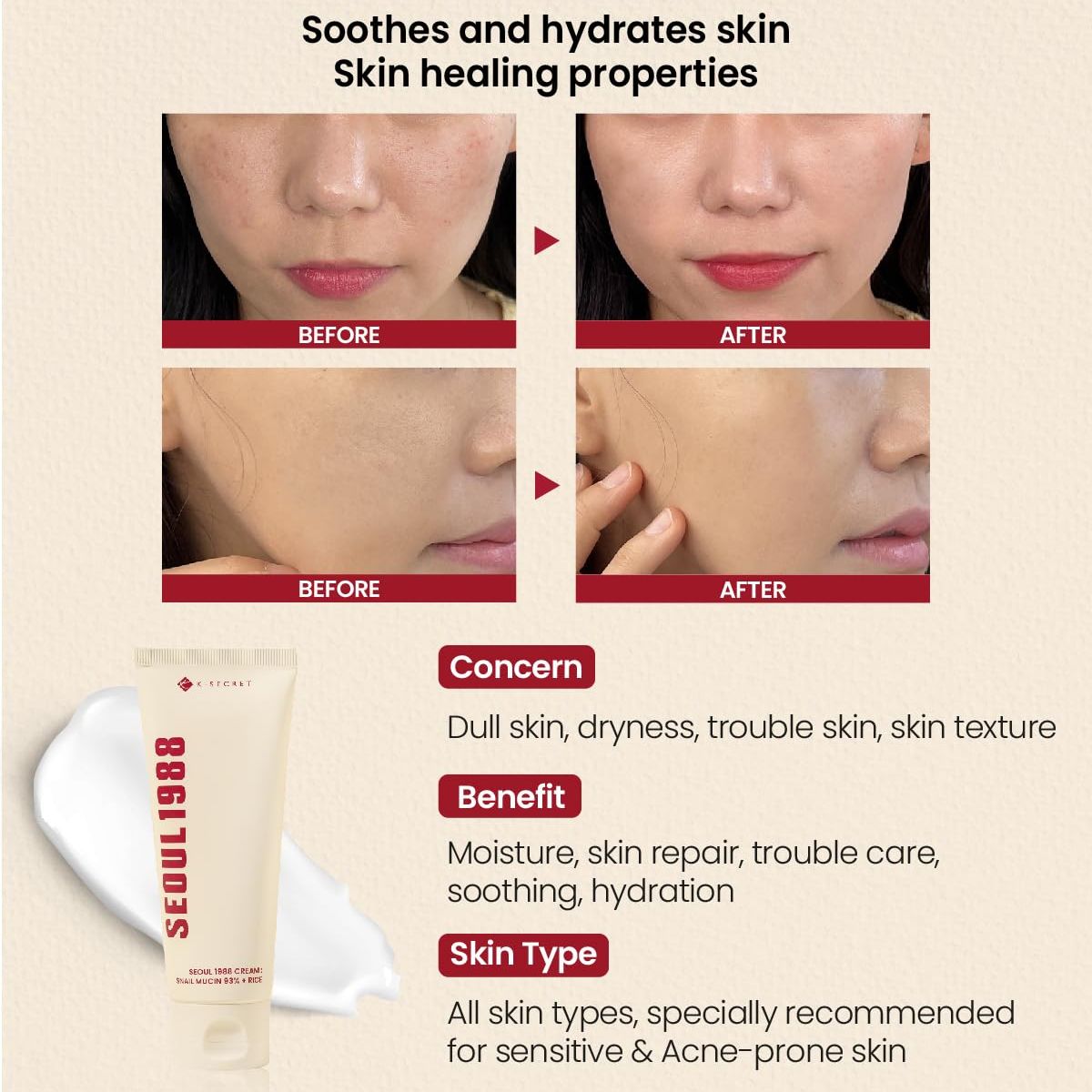 KSECRET - Crema regeneradora e iluminadora con baba de caracol y arroz Seoul 1988 K-Secret