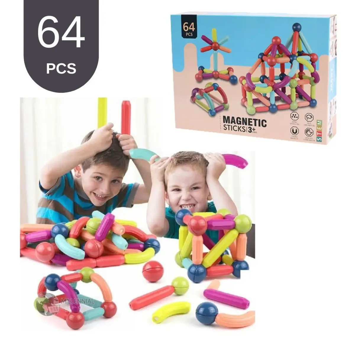 GENERICO - PALITOS MAGNETICOS PARA ARMAR COLORIDOS 64 PIEZAS