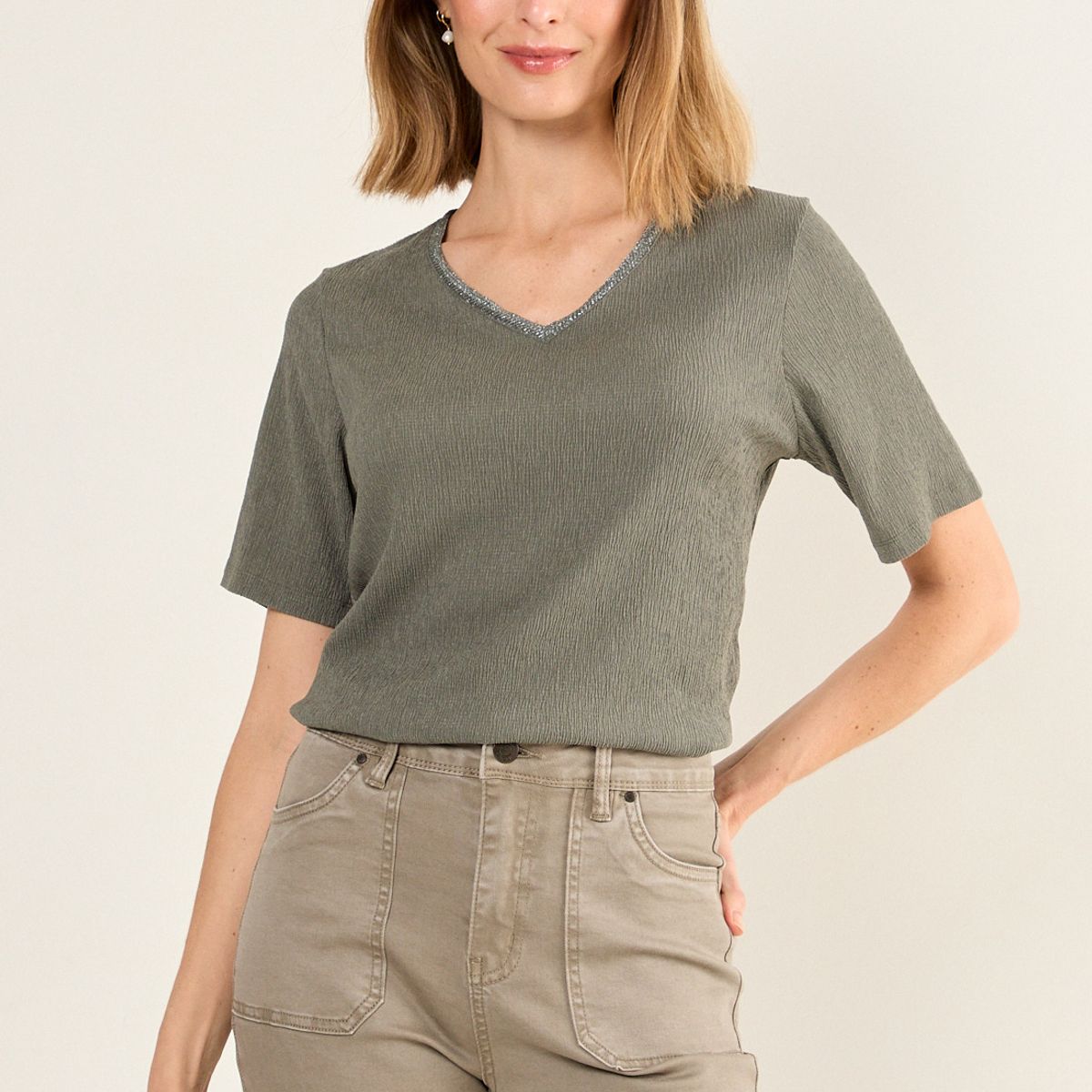 MA GRIFFE - Polera Escote Ev V Mujer Avellana Magriffe