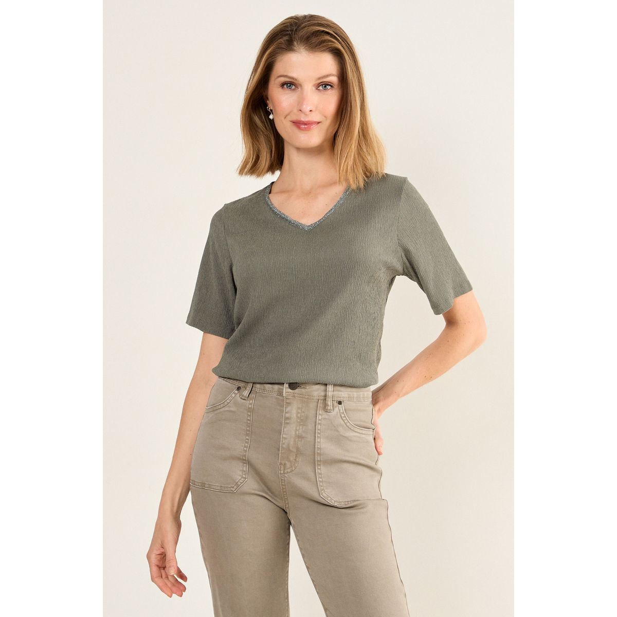 MA GRIFFE - Polera Escote Ev V Mujer Avellana Magriffe