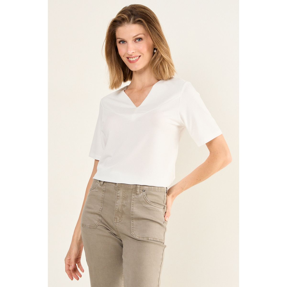 MA GRIFFE - Polera Acanalada Manga Corta Mujer Crudo Magriffe