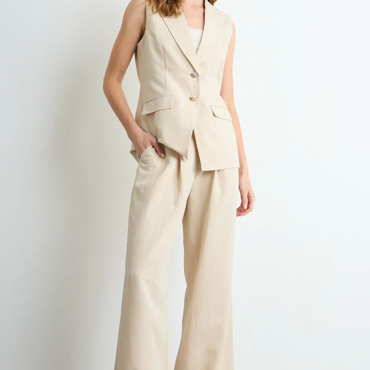 IO - Pantalon Liso Mujer Beige Io