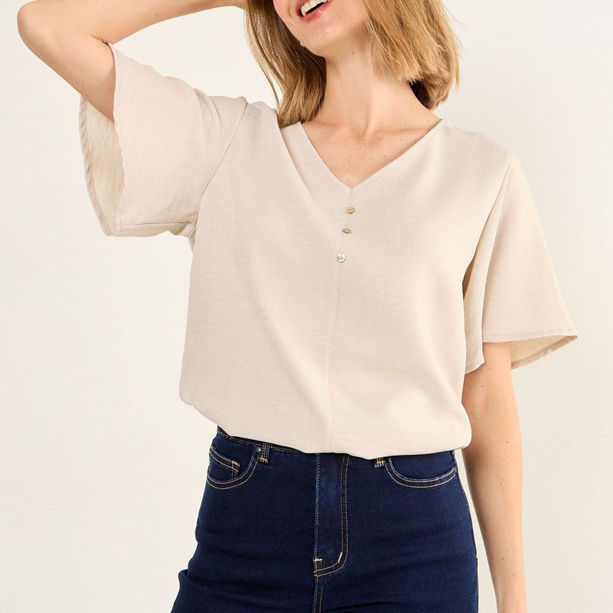 MA GRIFFE - Blusa Escote V Mujer Beige Magriffe