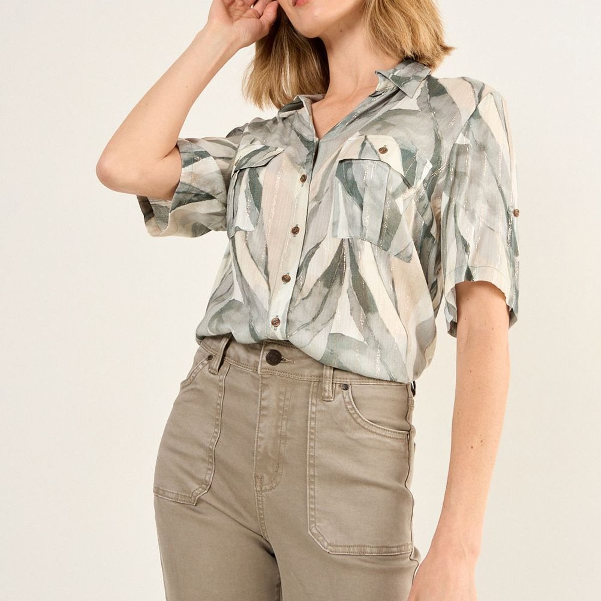 MA GRIFFE - Blusa Camisera Con Bolsillos Mujer Avellana Magriffe