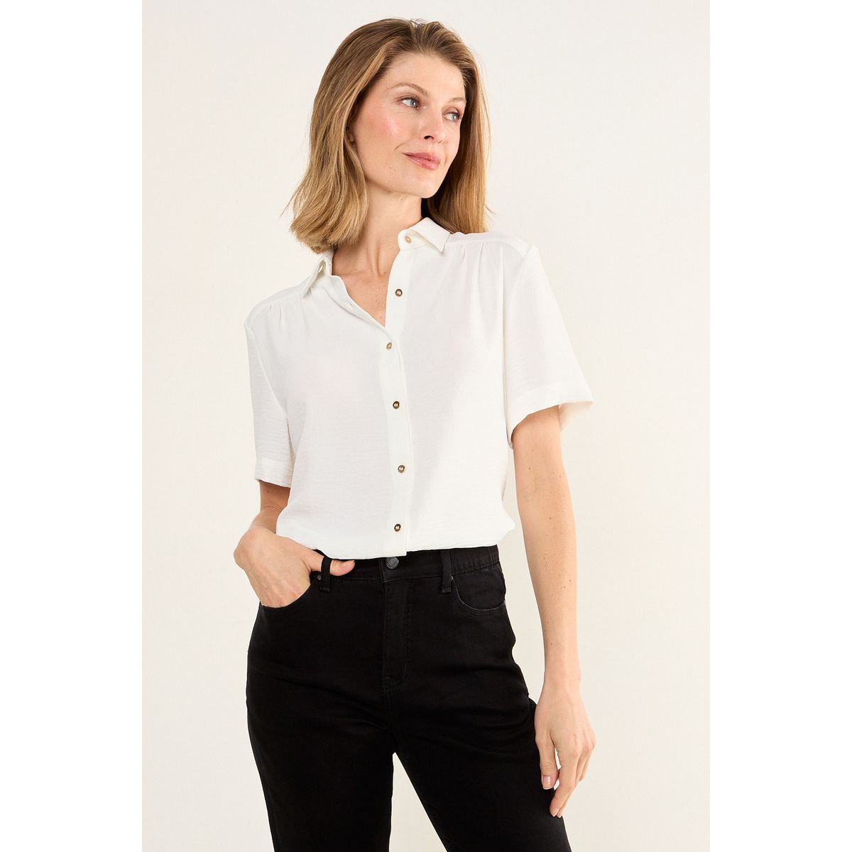 MA GRIFFE - Blusa Camisera Manga Corta Mujer Crudo Magriffe