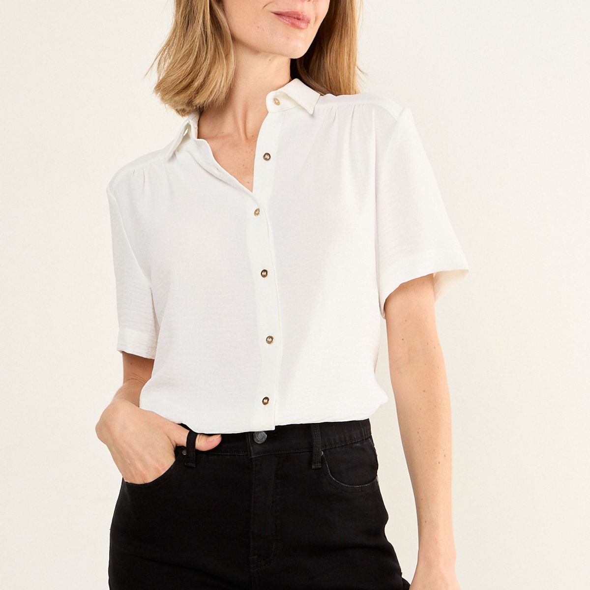 MA GRIFFE - Blusa Camisera Manga Corta Mujer Crudo Magriffe