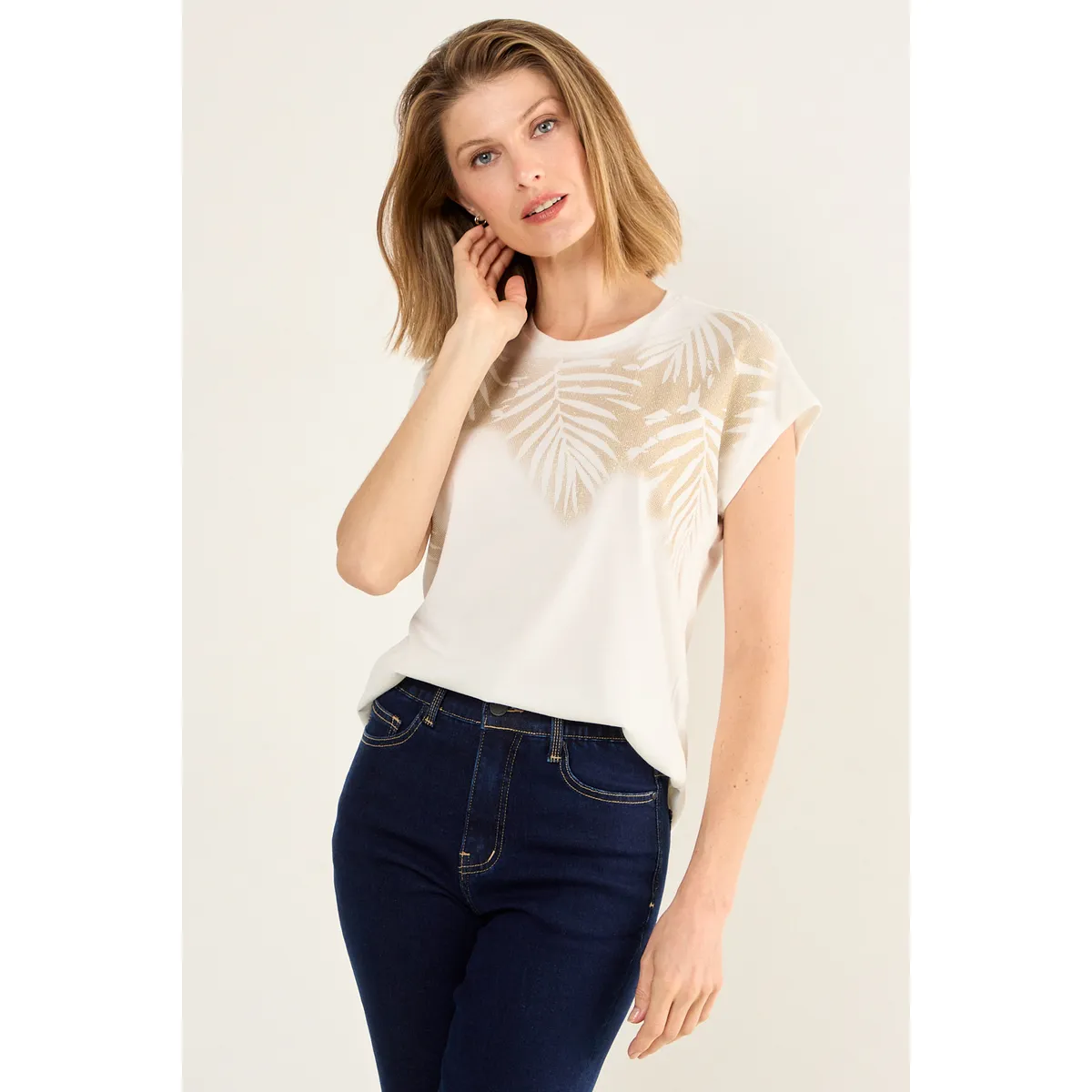 MA GRIFFE - Polera Manga Caida Estampada Mujer Crudo Magriffe