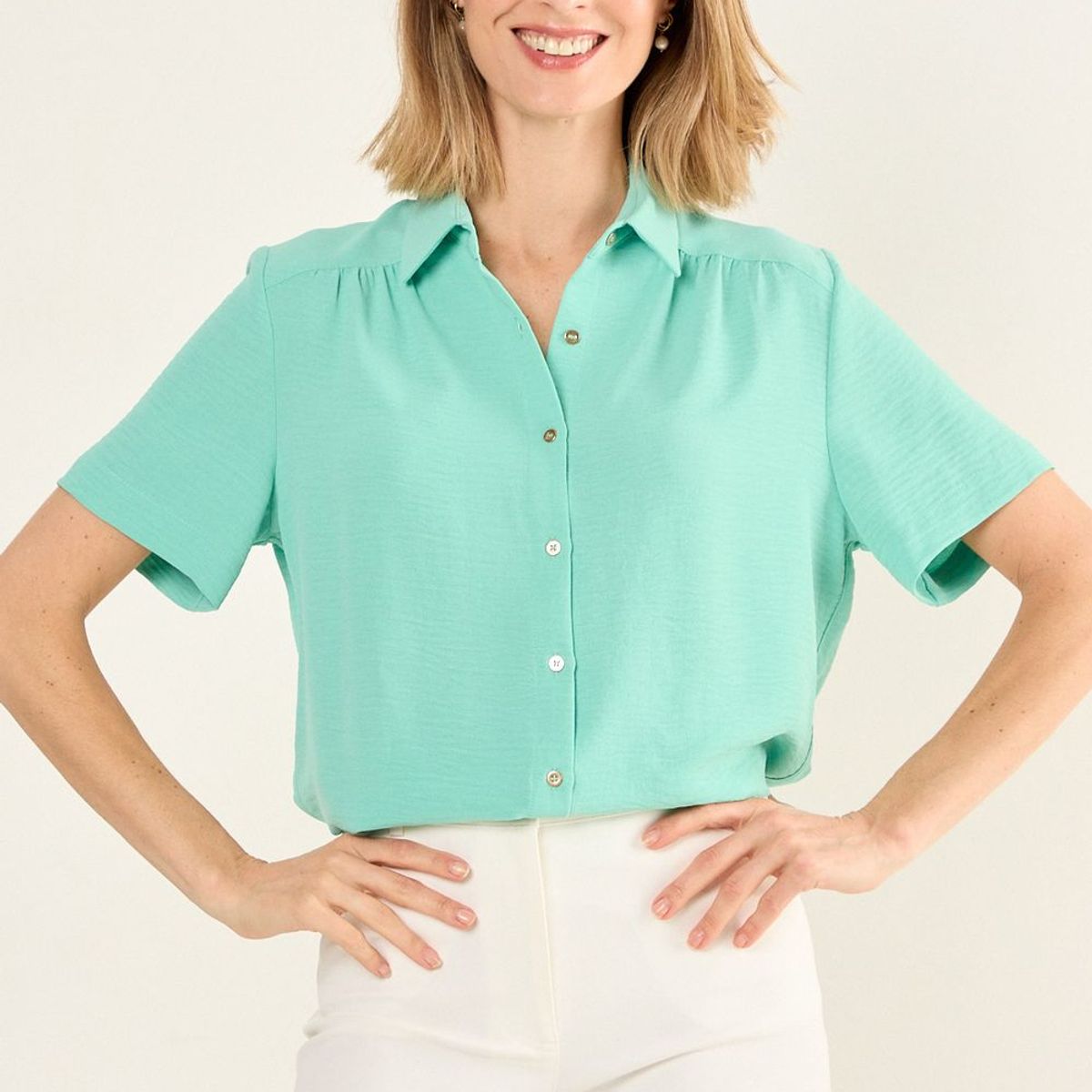 MA GRIFFE - Blusa Camisera Manga Corta Mujer Verde Magriffe