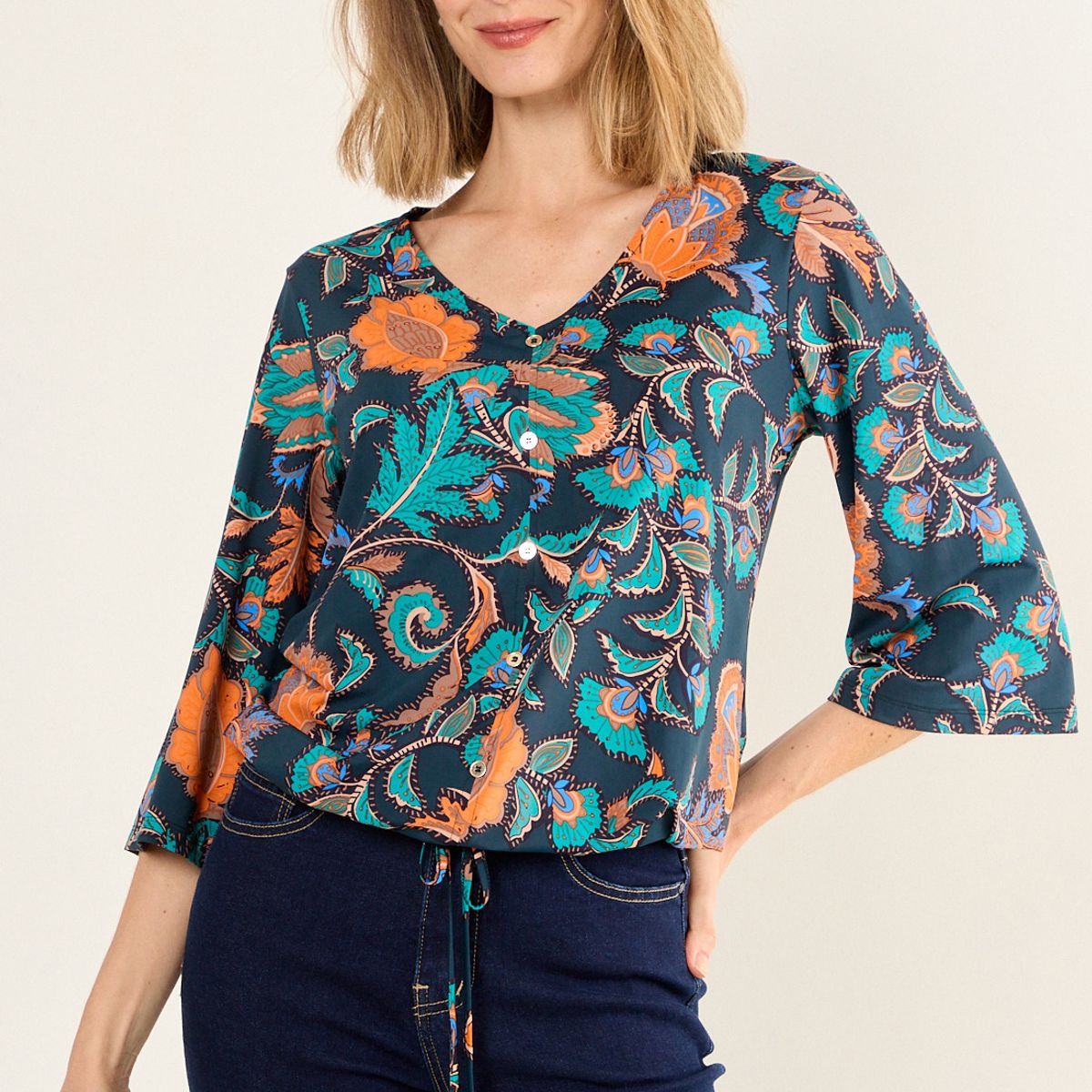 MA GRIFFE - Polera Escote En V Mujer Azul Magriffe