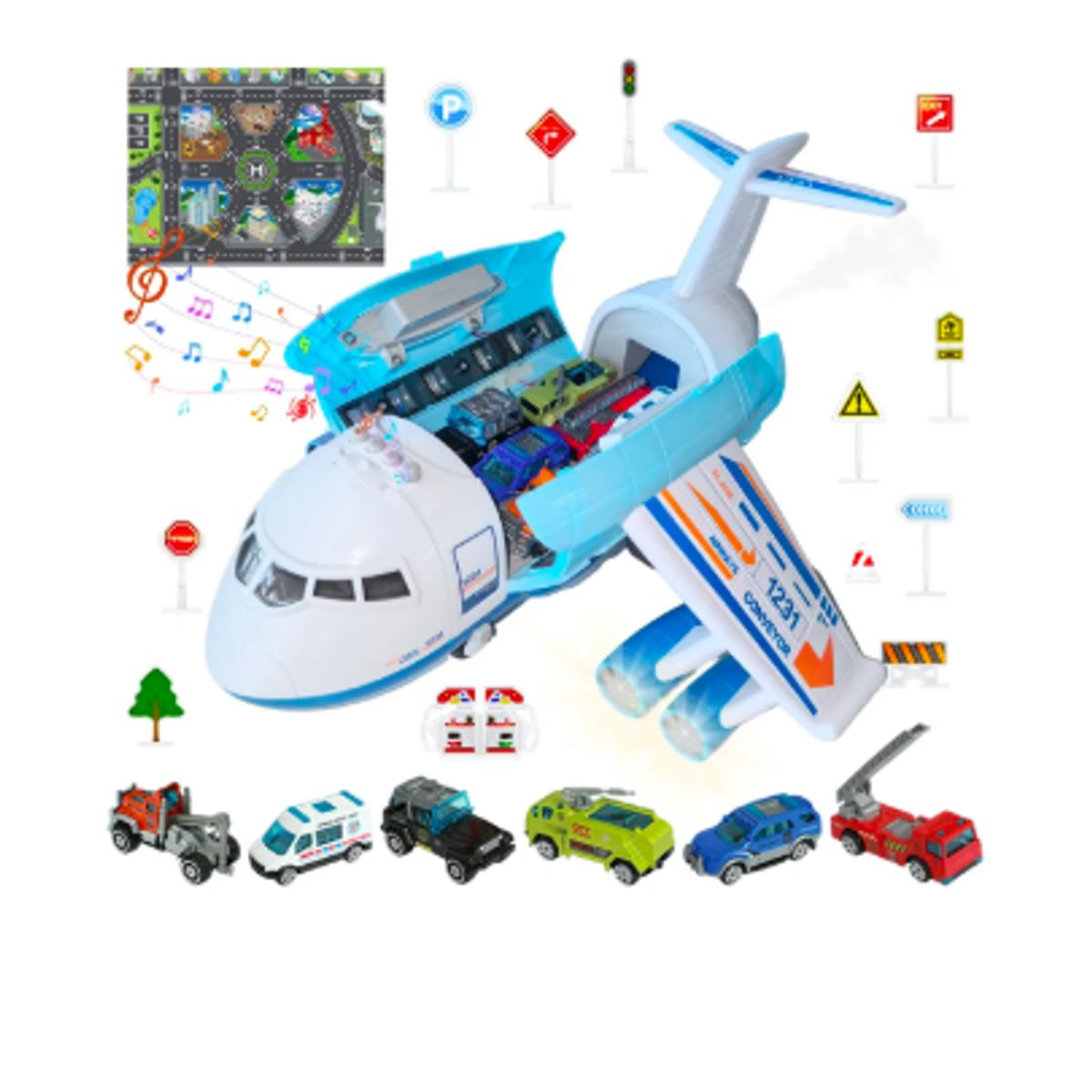 GENERICO - Avion Transportador Con 6 Auto Luz Sonido Vapor Juguete Niño