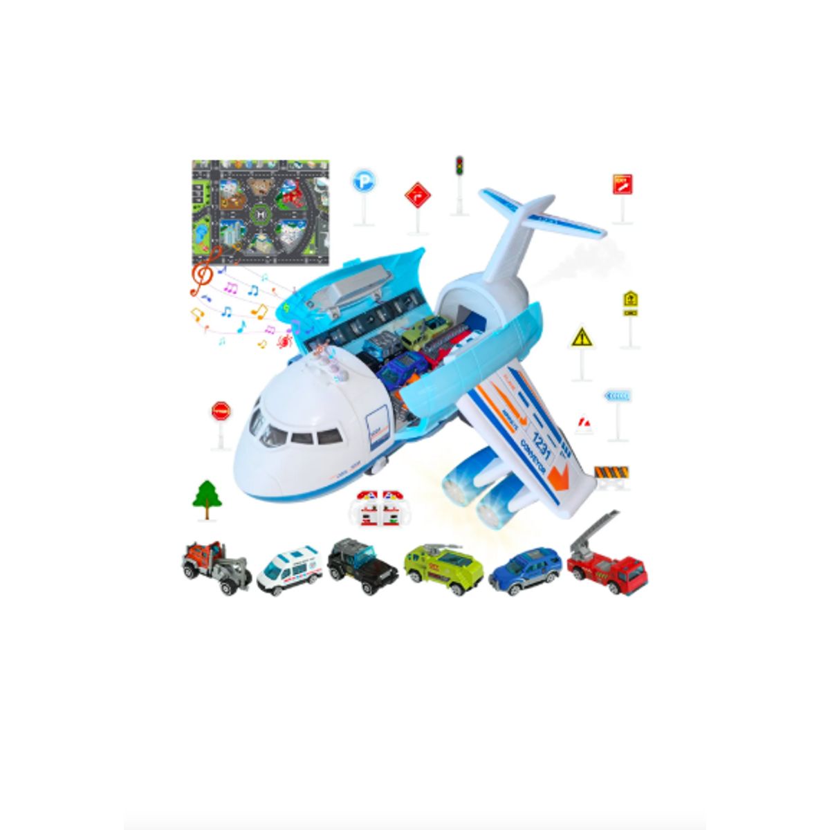 GENERICO - Avion Transportador Con 6 Auto Luz Sonido Vapor Juguete Niño