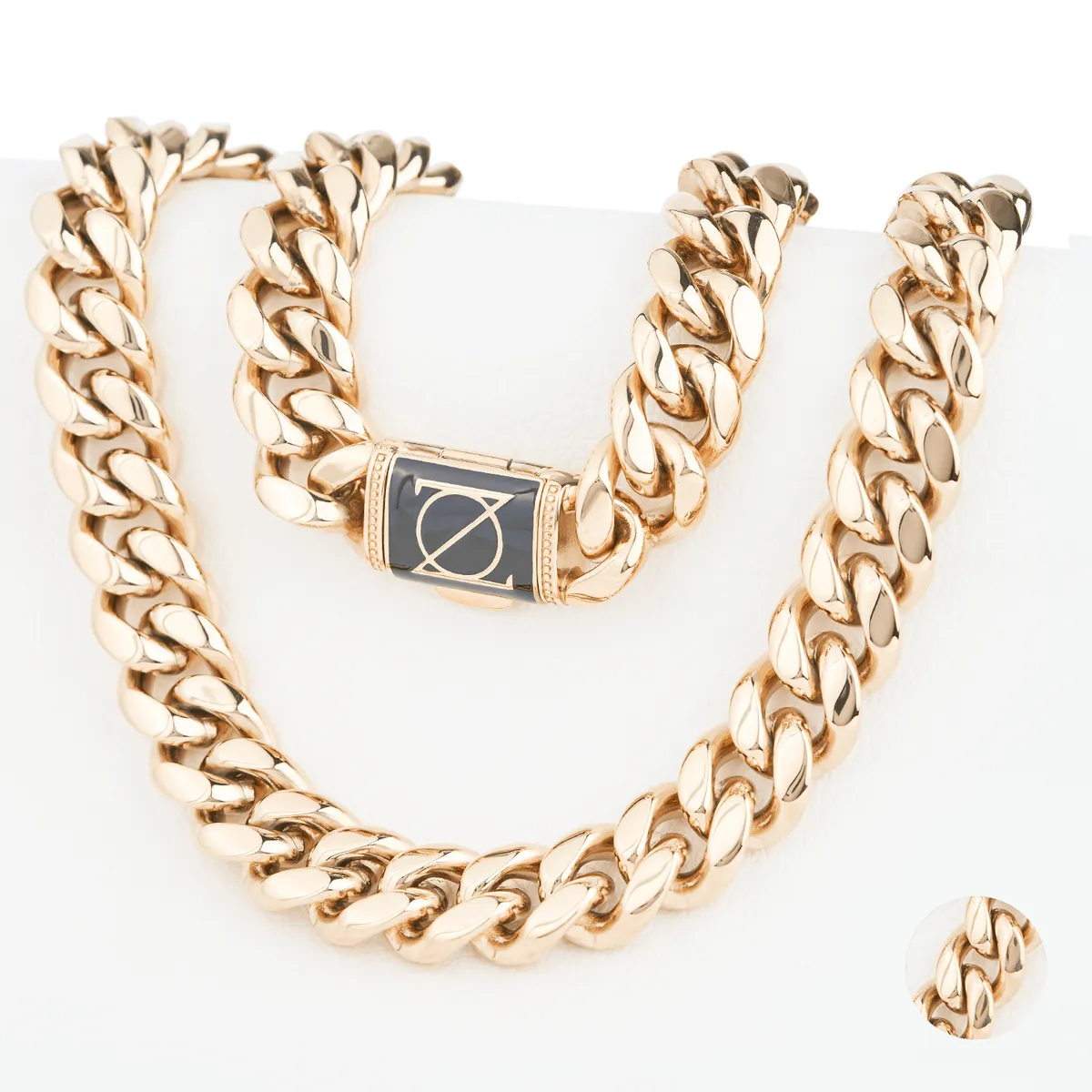 GENERICO - Cadena Oro Laminado 18k Tejido Cubana 18mm65cm broche plano negro exclusivo