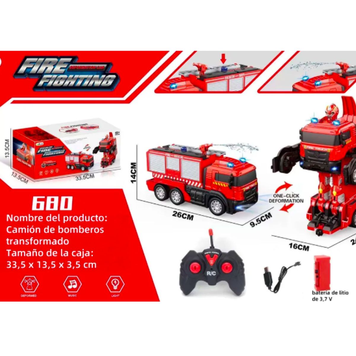 GENERICO - Auto A Control Remoto Transformer Bomberos Con Lanza Agua