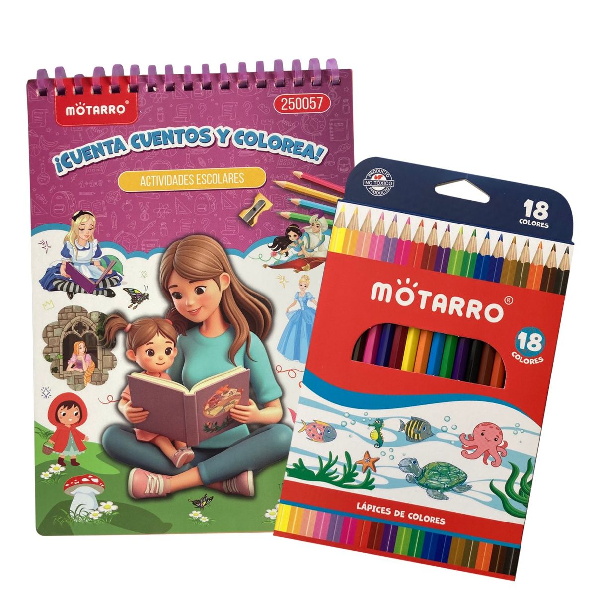 MOTARRO - Block para colorear - Cuenta cuentos y colorea + 18 lápices de colores