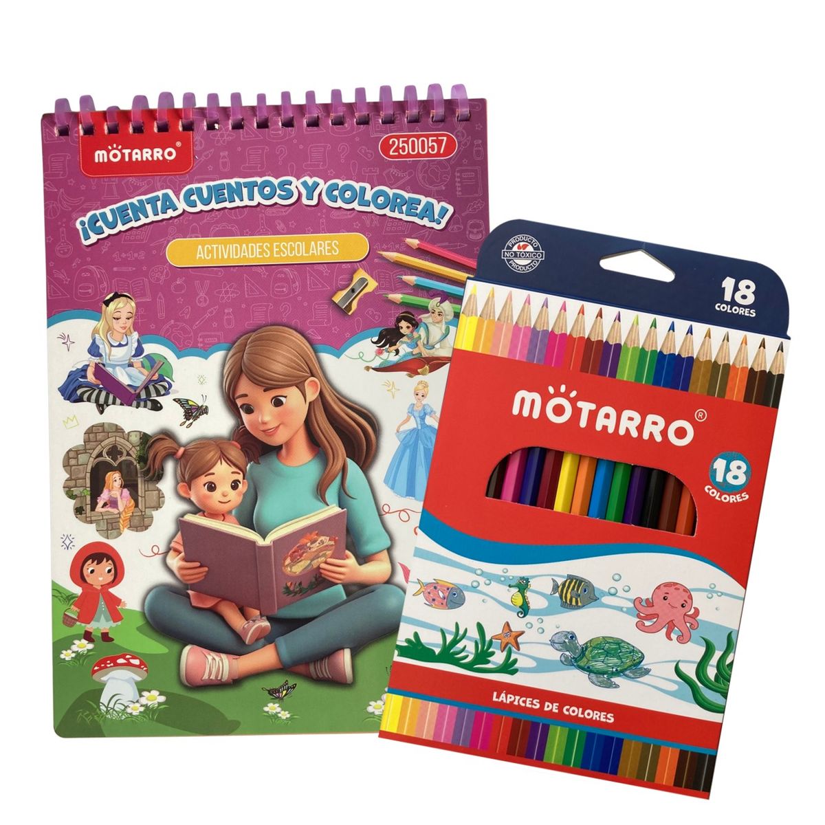 MOTARRO - Block para colorear - Cuenta cuentos y colorea + 18 lápices de colores