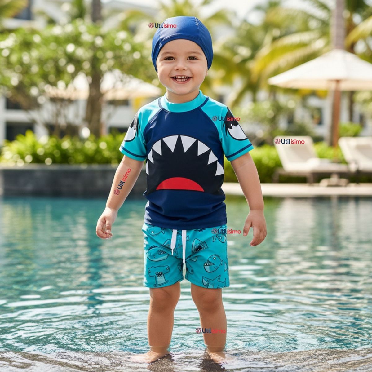 JUMP KIDS - Traje de Baño Manga Corta Pantalón Corto con Gorro 3 Piezas Corte Split Niño 2 a 8 años Blue Shark