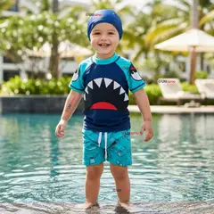 JUMP KIDS - Traje de Baño Manga Corta Pantalón Corto con Gorro 3 Piezas Corte Split Niño 2 a 8 años Blue Shark