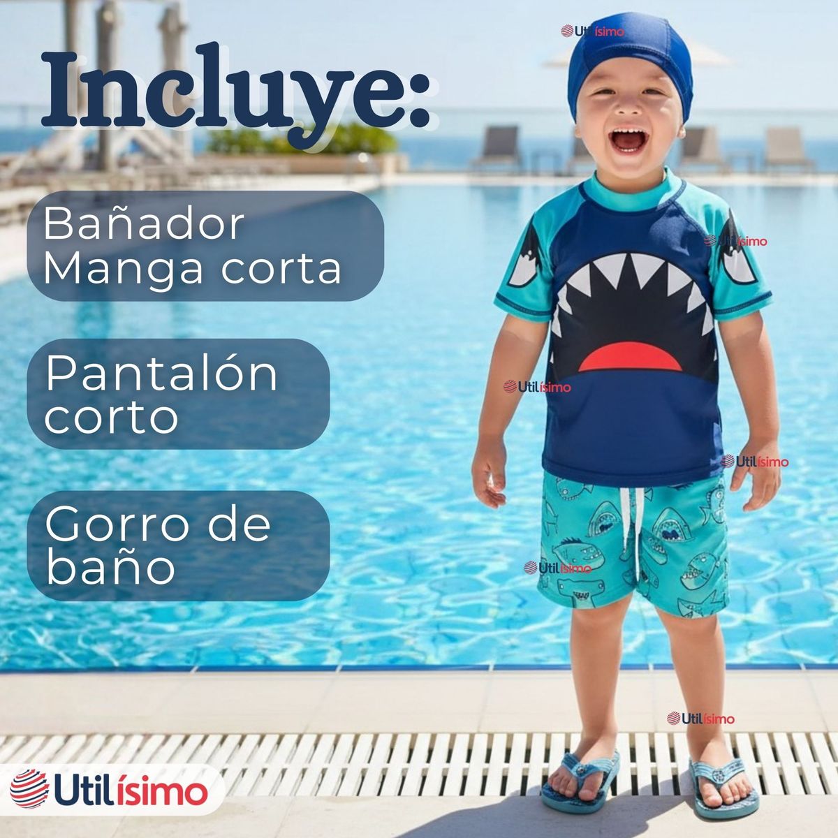 JUMP KIDS - Traje de Baño Manga Corta Pantalón Corto con Gorro 3 Piezas Corte Split Niño 2 a 8 años Blue Shark