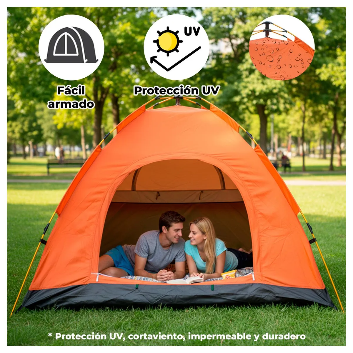 GLOBAL LATIN GROUP - Carpa Camping 4 Personas Impermeable UV y Fácil Armado - Naranja